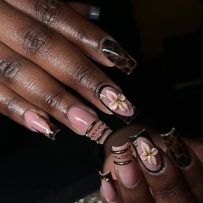 Nude nail set with leopard print, 3D florals and gold detail